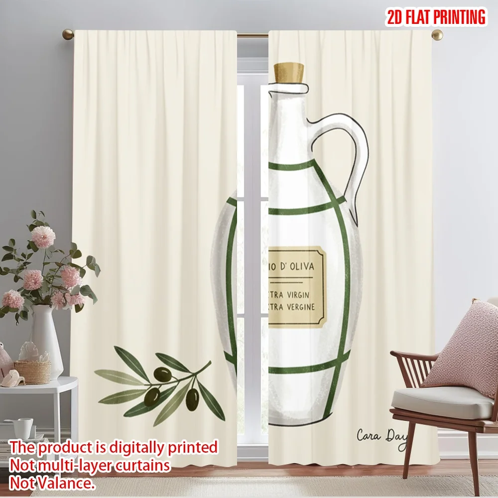 

2pcs 2D flat printing Party Window Curtains Olive Oil Vintage Kitchen Polyester Fabric Without Electricity Family Party for New