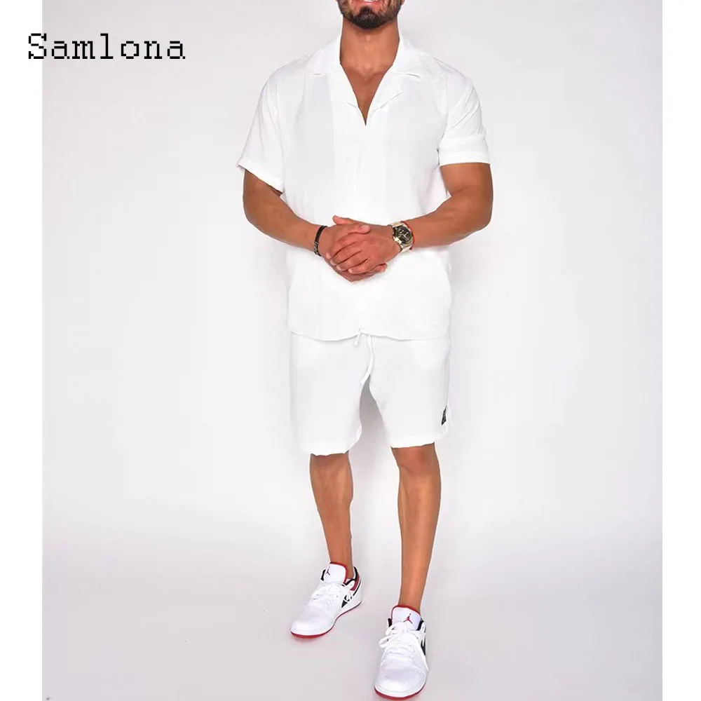 Samlona Plus Size Mens Casual Two Piece Sets 2024 Single Breasted Tops Blouse and Pocket Shorts Suit Male Beach Tracksuits Set