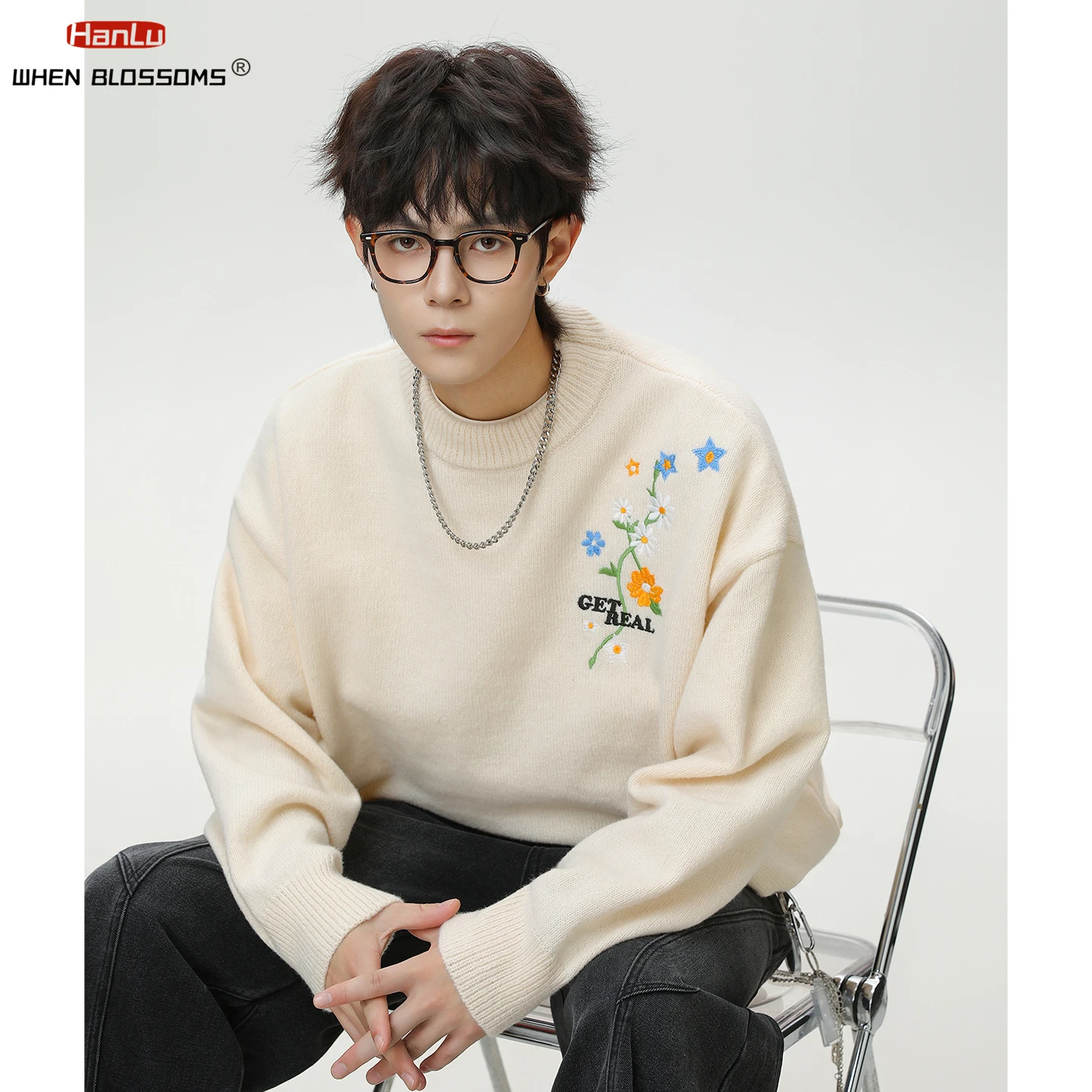 Hanlu 2025 Men's Floral Embroidered Sweater Japanese Oversized Knitwear Heavyweight Warm Pullover Casual Fall Winter Coat