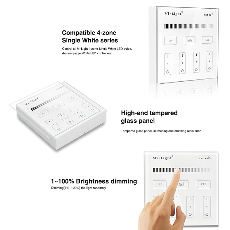 Miboxer B1 2.4G 4-Zone Timable 86 Touch Switch Panel Adjust Brightness Dim Single color For Led Strips/ Panel Lights/Controller