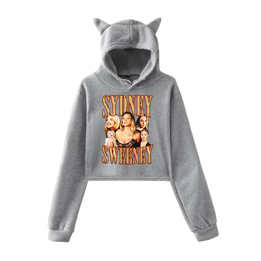 Sydney Sweeney Hoodie Vintage 90s Streetwear Merch Hoodies Moletons Esportivos para Meninas Gato Orelha Crop Moda Pulôver