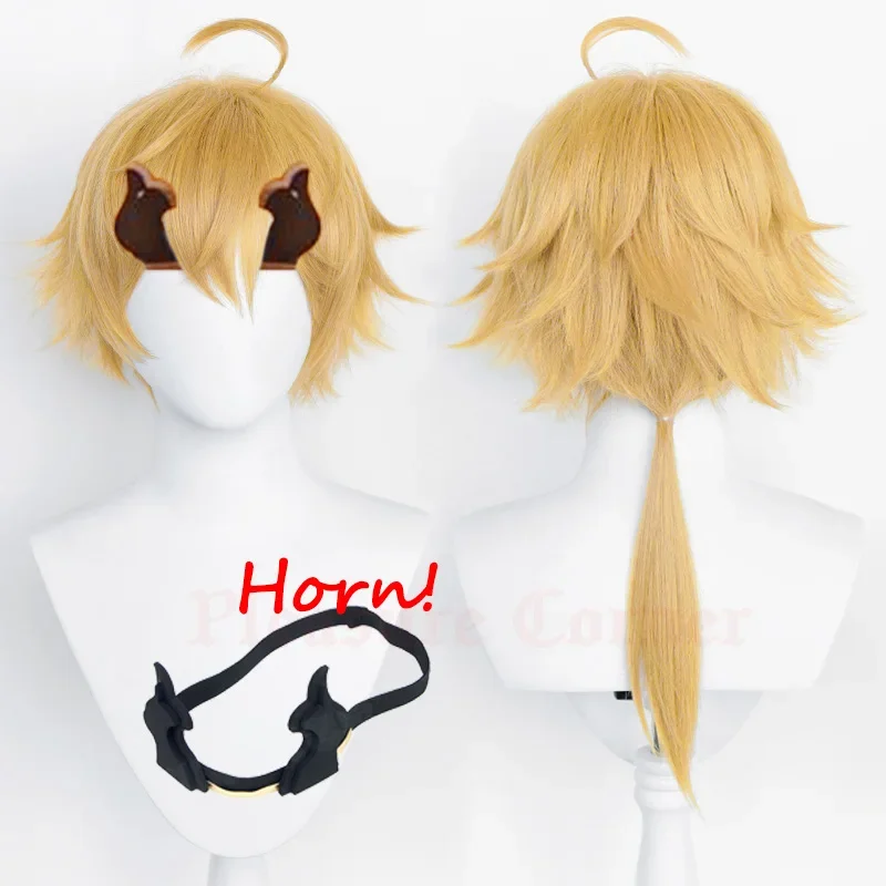 Genshin Impact Thoma Cosplay Wig Increased Wig Volume Three-dimensional Fluffy Design With Horn Yellow Wigs for Genshin Coser