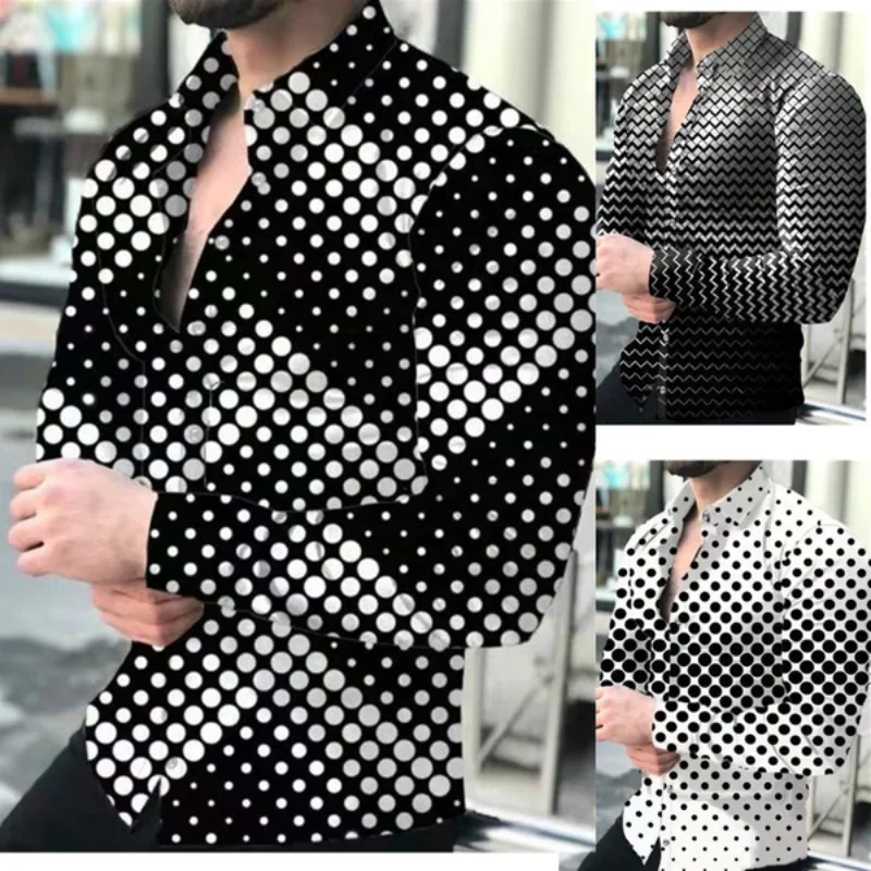 Spring And Autumn Lapel Shirt Polka Dots Gradual Change 3D Printed Shirt Men's Cardigan Long Sleeve Shirt Men