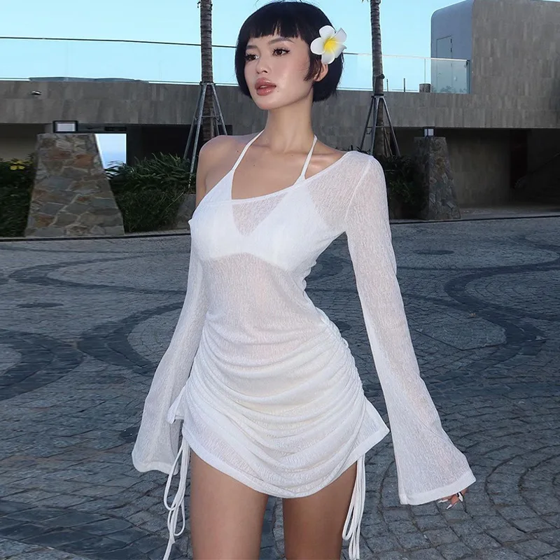 ดูผ่านสายรัด Holiday Beach Cover Ups ชุดมินิผู้หญิงเอียงปิดไหล่แขนยาววันหยุดบิกินี่ Smock