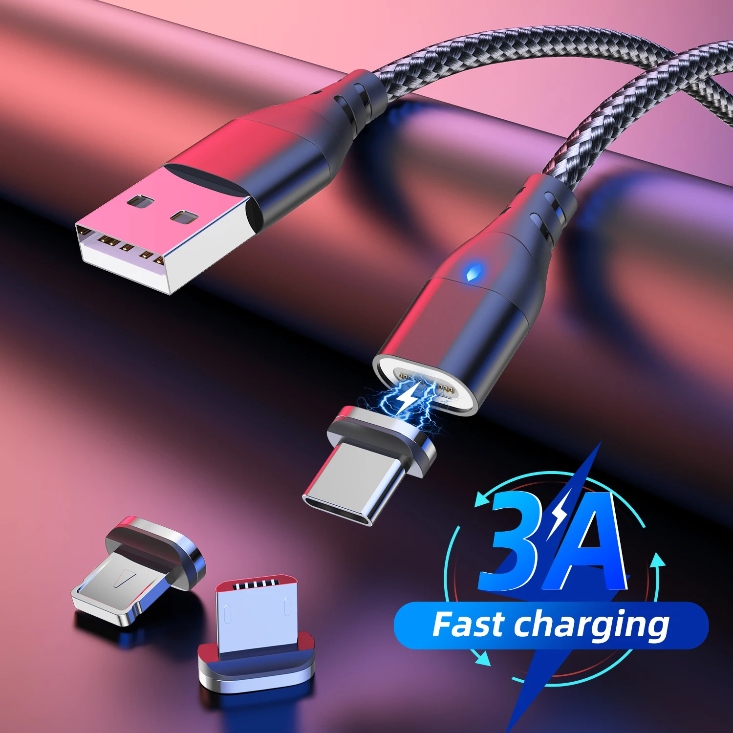 3A Magnetic USB Cable Fast Charging Charger Cable USB Type C Cable Micro USB C Data Cable for iPhone 14 13 Samsung Xiaomi