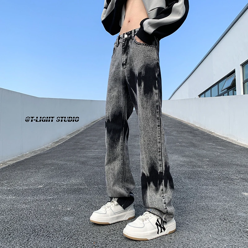 

Men's Straight Leg Jeans mid Waist Vintage Washed Cotton Denim Spring Autumn New Style Casual Loose Fit Torn Trendy Pants