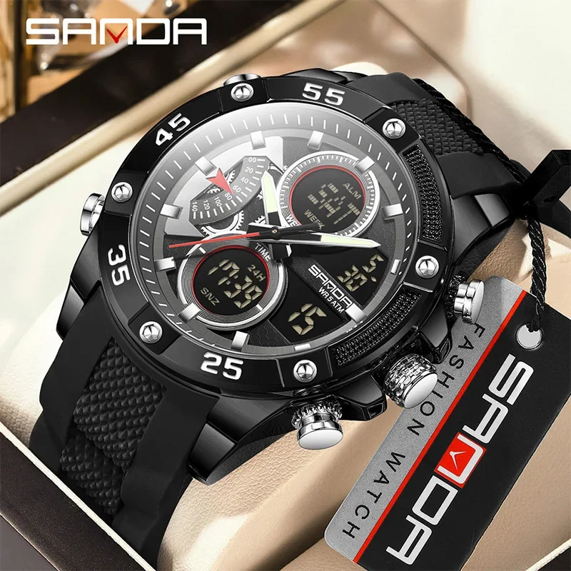 

SANDA новые элитные мужские спортивные часы, водонепроницаемые светодиодные светящиеся повседневные хронографы, модные аналоговые кварцевые часы с двойным цифровым дисплеем