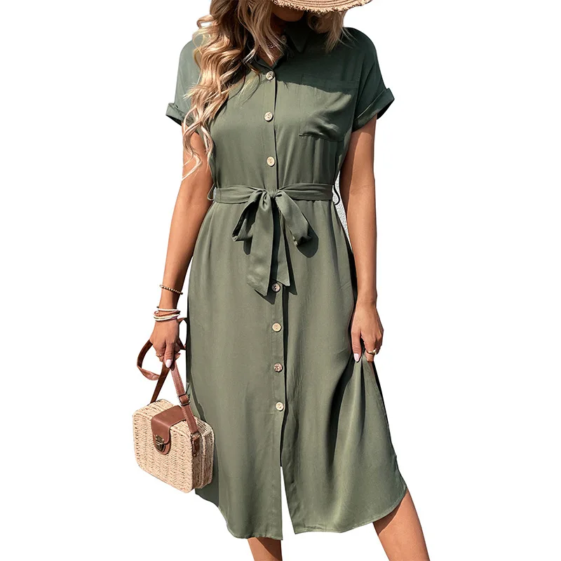 2025 Summer Shirt Skirt Lapel with Solid Commuter Style Dress