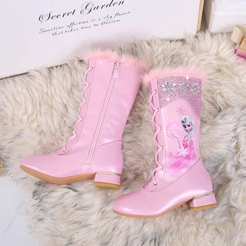 디즈니 여아용 가죽 부츠, 겨울 만화 프로즌 부츠, 사이드 지퍼, 하이 플러시 공주 엘사 부츠, 따뜻한 어린이 부츠, 사이즈 27