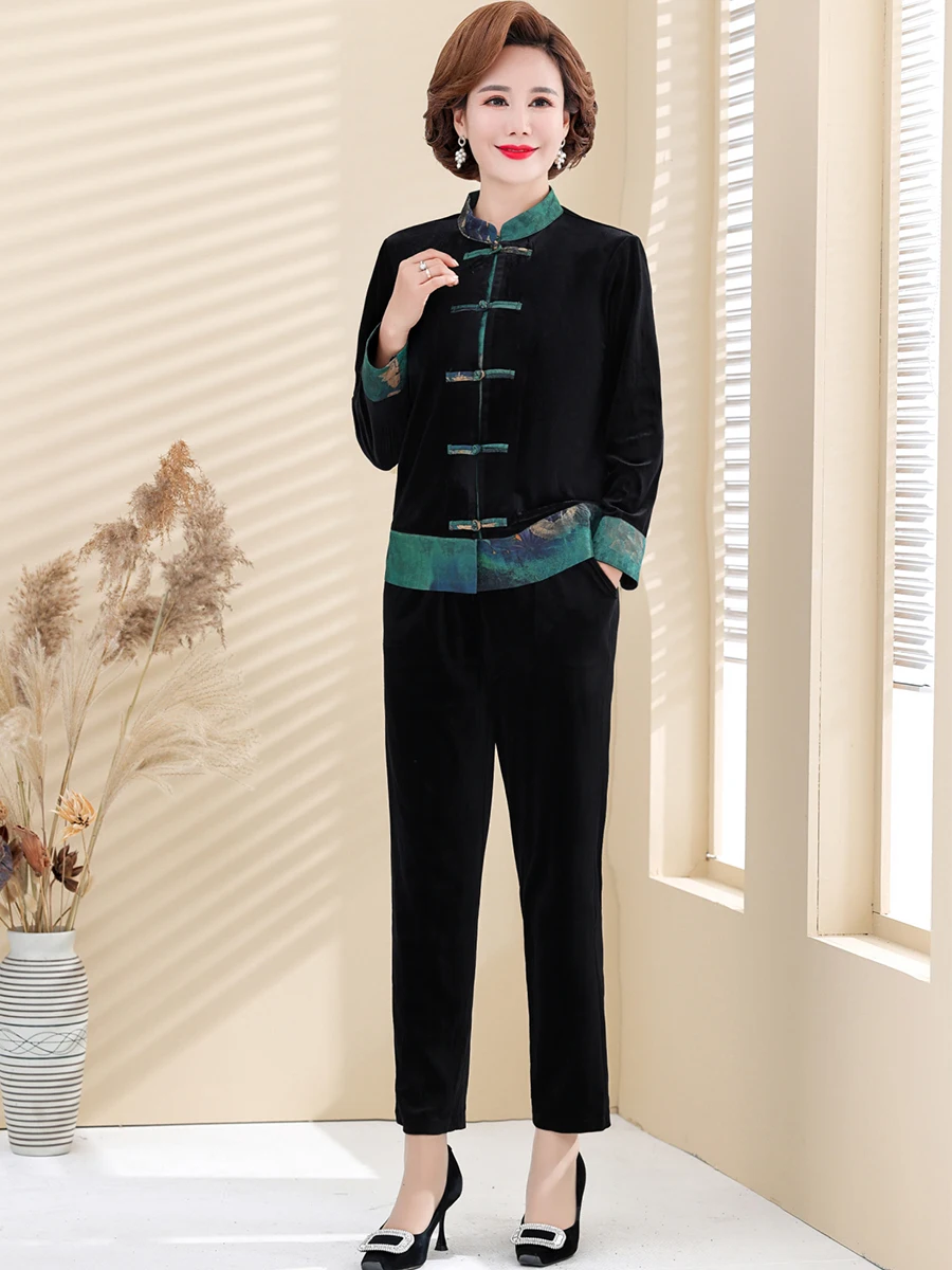 

Middle Aged Mother Tang Suit Top+Pants Casual Golded Velvet Tracksuit 2 Piece Set Fashion Velour Lounge Women Outfit