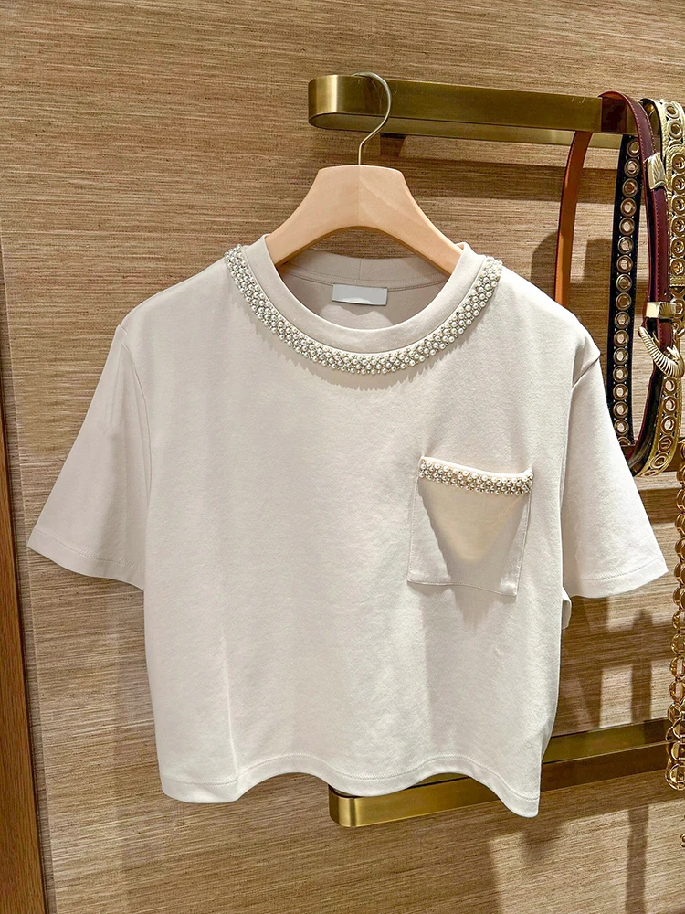 White Diamond Embellied Bead T-irt Women's Summer Faion Commute Sle Loose Fit ort Sve round Ne Pure Color
