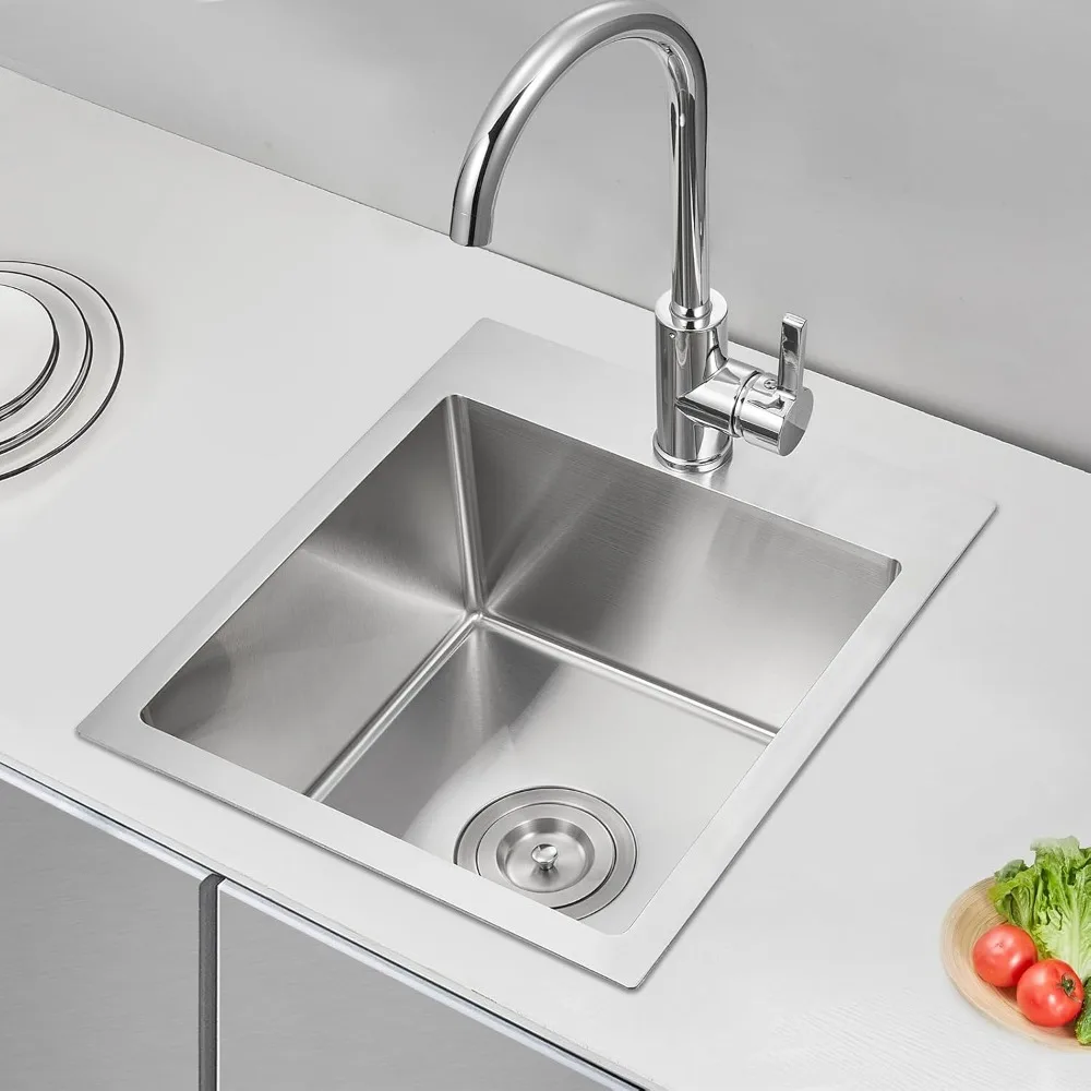 

Compact Single Bowl Drop In Bar Sink 13x15x8 Inch Topmount Handmade T304 Steel with Strainer