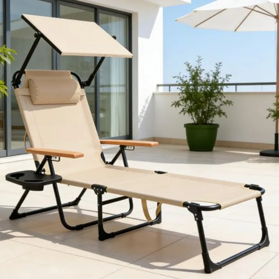 Folding Lounge Chair with 4-Position Reclining Back, Outdoor Sun Lounger