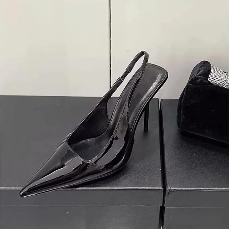 10cm Metal Stiletto High Heels Slingback Shoes Black Snakeskin Leather Pointy Toe Cutouts Women Banquet Party Club Shoes
