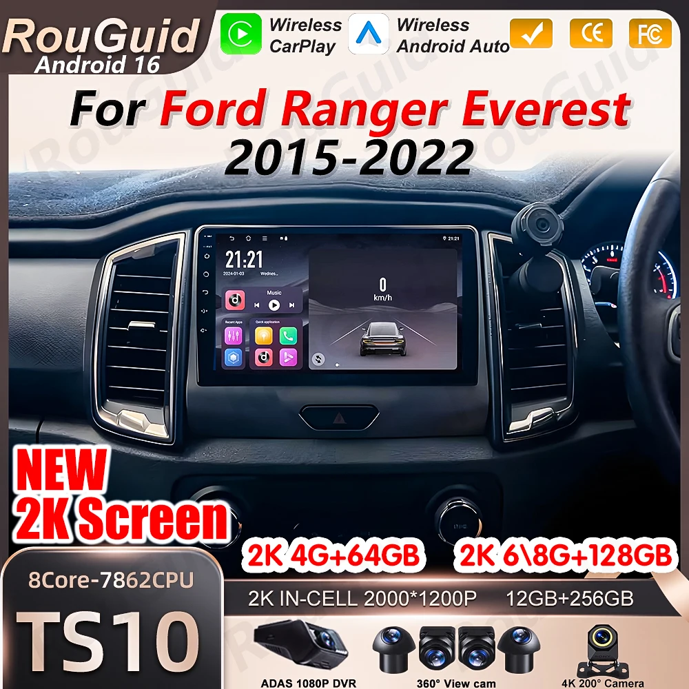 Android 16 Auto Car Radio For Ford Everest Ranger 2015 2016 2017 2018 - 2022 GPS Navigation Car Stereo Carplay Multimedia Player