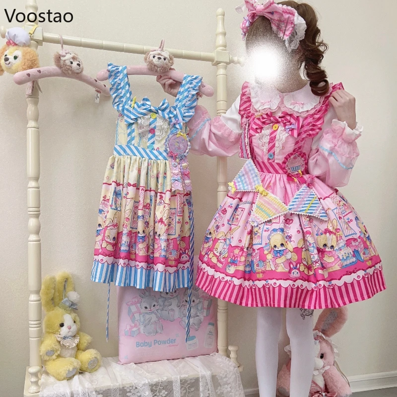 Japanese Sweet Lolita Dress Women Cute Cartoon Bunny Dessert Print Bow Party Mini Dresses Girls Gothic Kawaii Princess Dresses