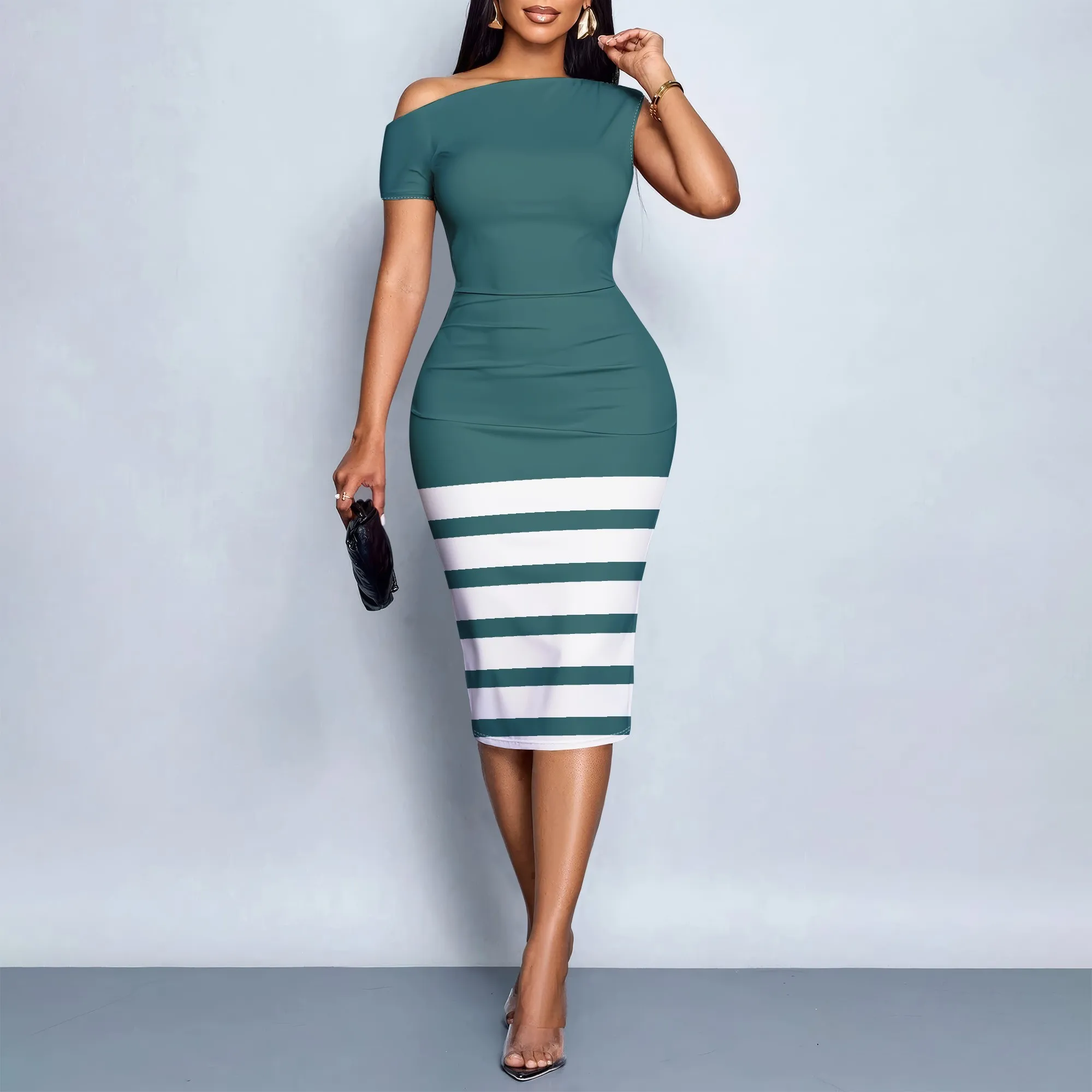 

Green Striped, Off Shoulder Dress, Bodycon Midi Dress, Short Sleeve Party Dress, Summer Casual Wear, S-2XL