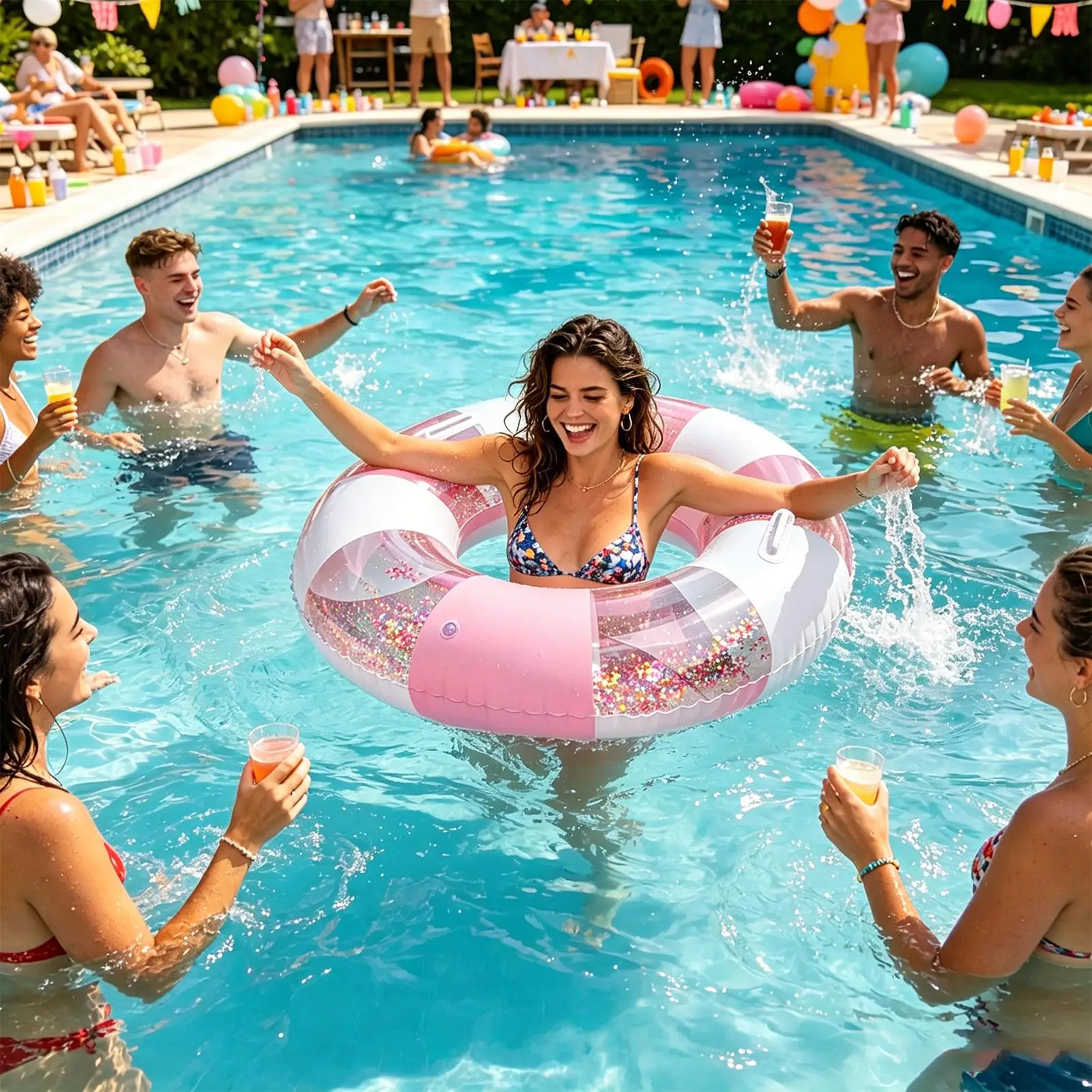 ハンドル付きインフレータブルスイムチューブ子供大人用プールチューブフロートブローアップ水泳リング家族夏休み旅行ビーチ用