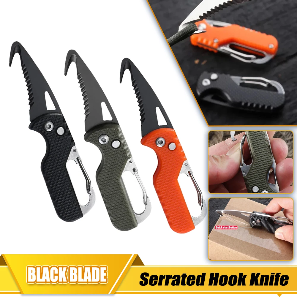 Portable Express Parcel Knife Black Blade Stainless Serrated Hook Knife For Outdoor Camping Carry-on Unpacking Folding Cutter