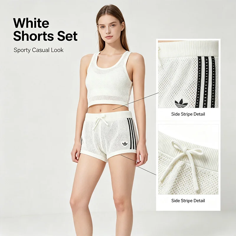 adidas-trefoil-ensemble-short-et-pantalon-de-sport-blanc-pour-femme-tenue-decontractee-d'ete-avec-bande-laterale-coupe-decontractee-vetements-de-sport