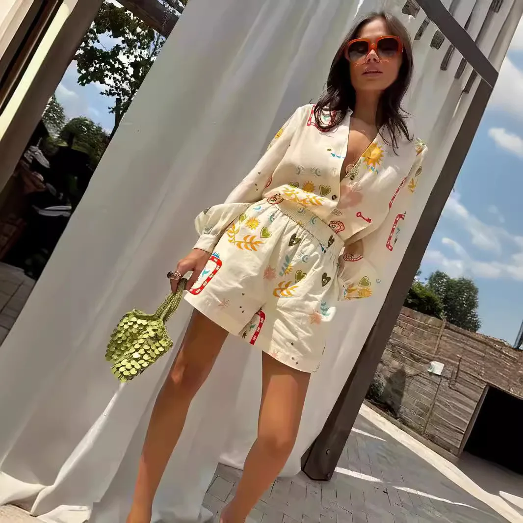 Women Floral Print Shirt Collar Single Breasted Belt Linen Sexy Casual Shirt Shorts Suit