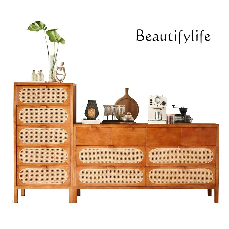 Ash wood chest of drawers Nordic modern simple rattan drawer storage cabinet Homestay solid wood locker