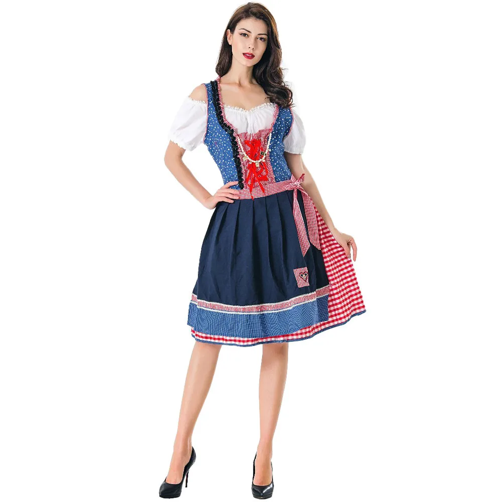 

Women Vintage Stand Collar Floral German Oktoberfest Dirndl Dress Costume Bavarian Beer Carnival Halloween Party Dress