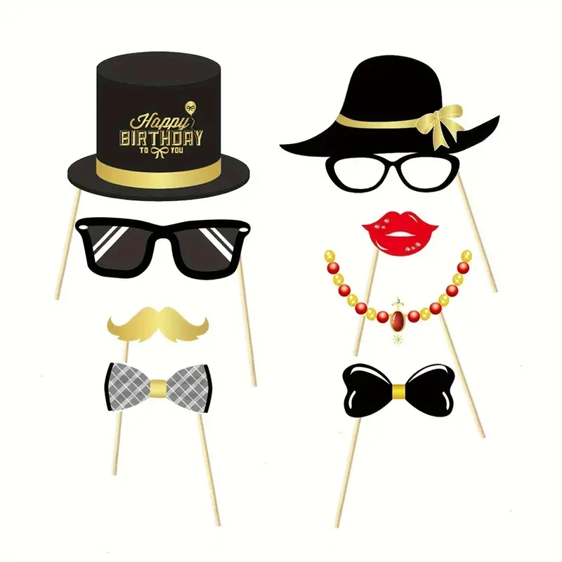 34pcs Black Gold Birthday Photo Props for 60th Birthday Boys and Girls Party Decoration Props