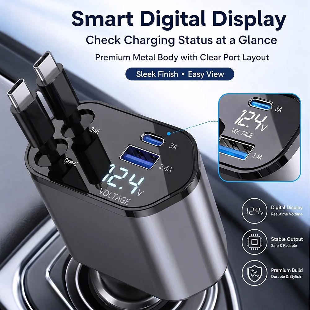 3 in 1 120W Car Charger Retractable Car Cigarette Lighter Adapter USB Type C to Type C Fast Charger Cable For iPhone Samsung