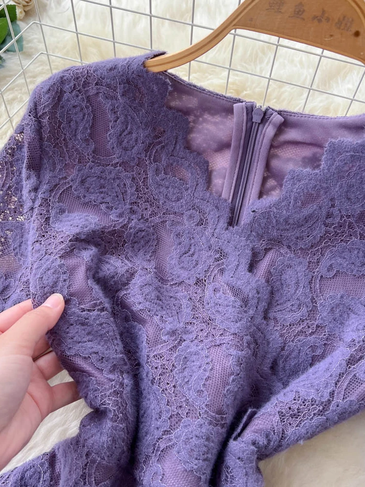 秋冬の女性のエレガントなレースのパーティードレス新しい紫アプリコットファッション長袖ウエストバッグヒップパーティーロングドレス S292