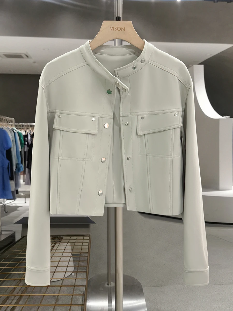 

Модная повседневная женская кожаная куртка бежевого цвета для весны и осени, уникальная байкерская короткая куртка с воротником-стойкой