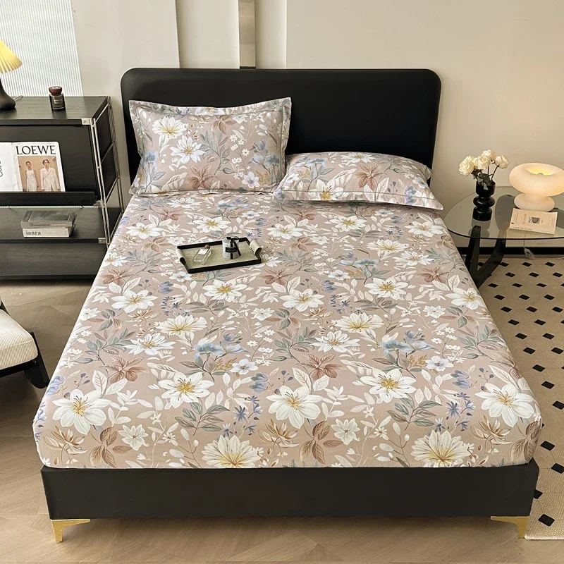 Chic White Floral Print Fitted Sheet Set 100% Cotton Thickened Luxurious Deep Pocket Mattress Cover Breathable Soft Bedding Set