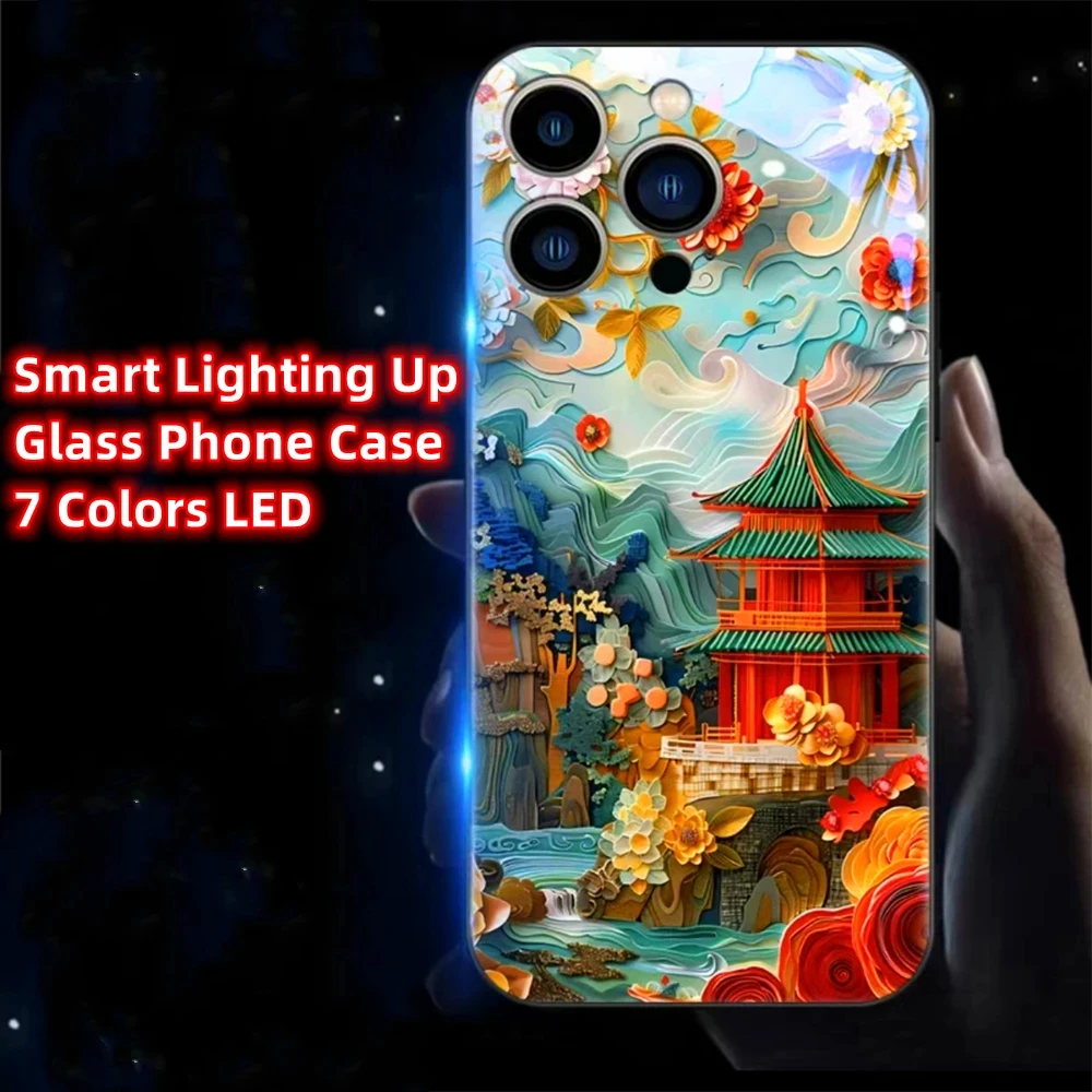 

Origami Pavilion Design Smart LED Light Glow Tempered Glass Phone Case For iPhone 15 14 13 12 11 Pro Max X XR XS Plus SE2020