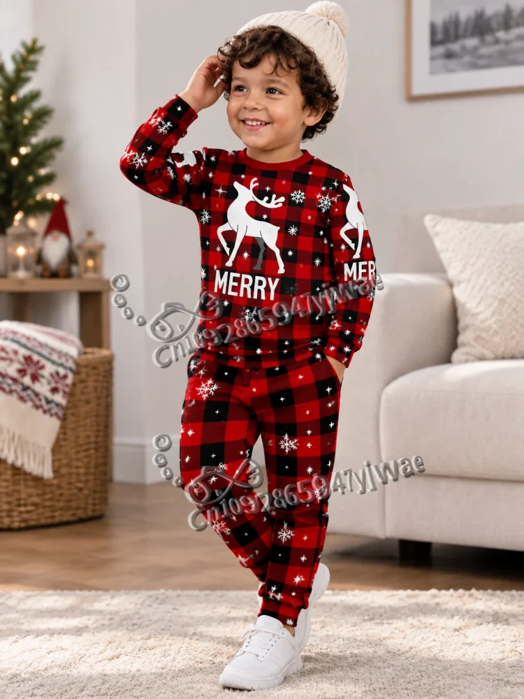 Conjunto Navideño de Camisa de Manga Larga y Pantalón con Estampado de Alce en Cuadros Rojos y Negros para Otoño e Invierno, para Niños y Adultos, Regalo de Navidad, Conjunto de 2 Piezas