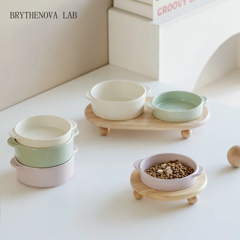 Cat Ceramic Bowl Pet Dining-table Small Height Adjustable Dogs Water Food Feeders Elevated Double Bowls Set with Wooden Stand