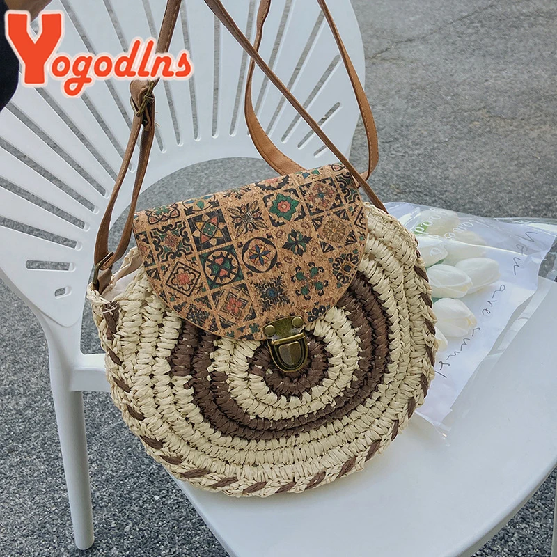 Round Straw Beach Bag Vintage Handmade Woven Shoulder Bags Raffia Circle Rattan Bohemian Summer Vacation Diagonal Pack