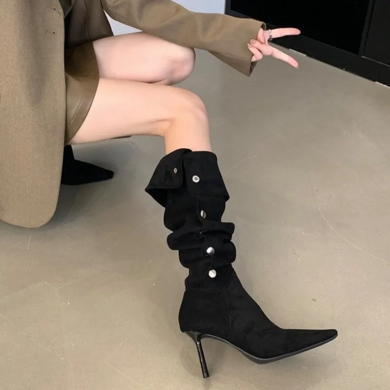 Women's Knee High Boots Pointed Toe High Stiletto Heel Suede Look Fold Over Cuff Slouch Shaft Button Detail Party Dress Shoes view 2