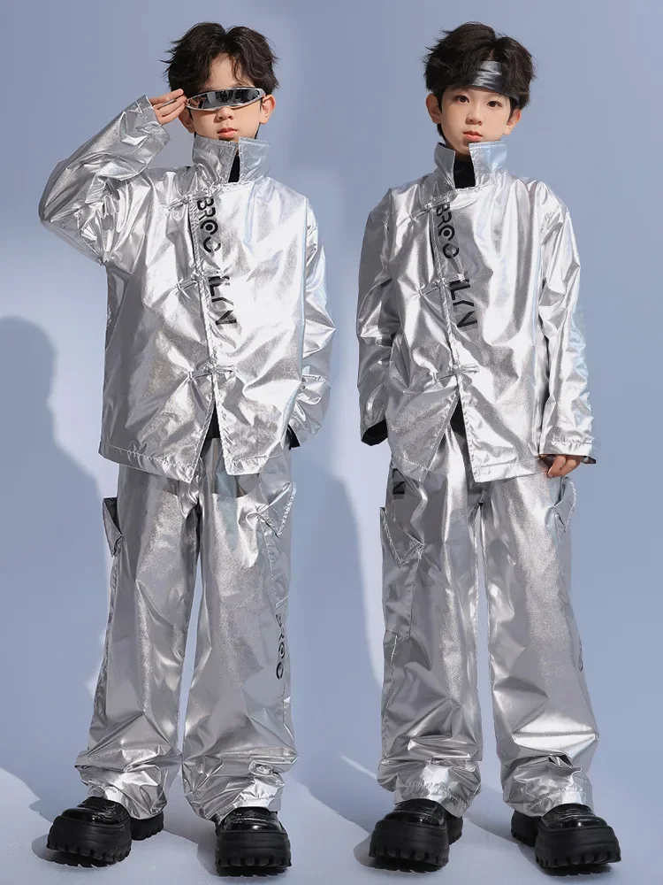 Abbigliamento Hip Hop per ragazzi Top con paillettes argento Pantaloni corti argento per ragazze Abiti per costumi da ballo jazz per bambini