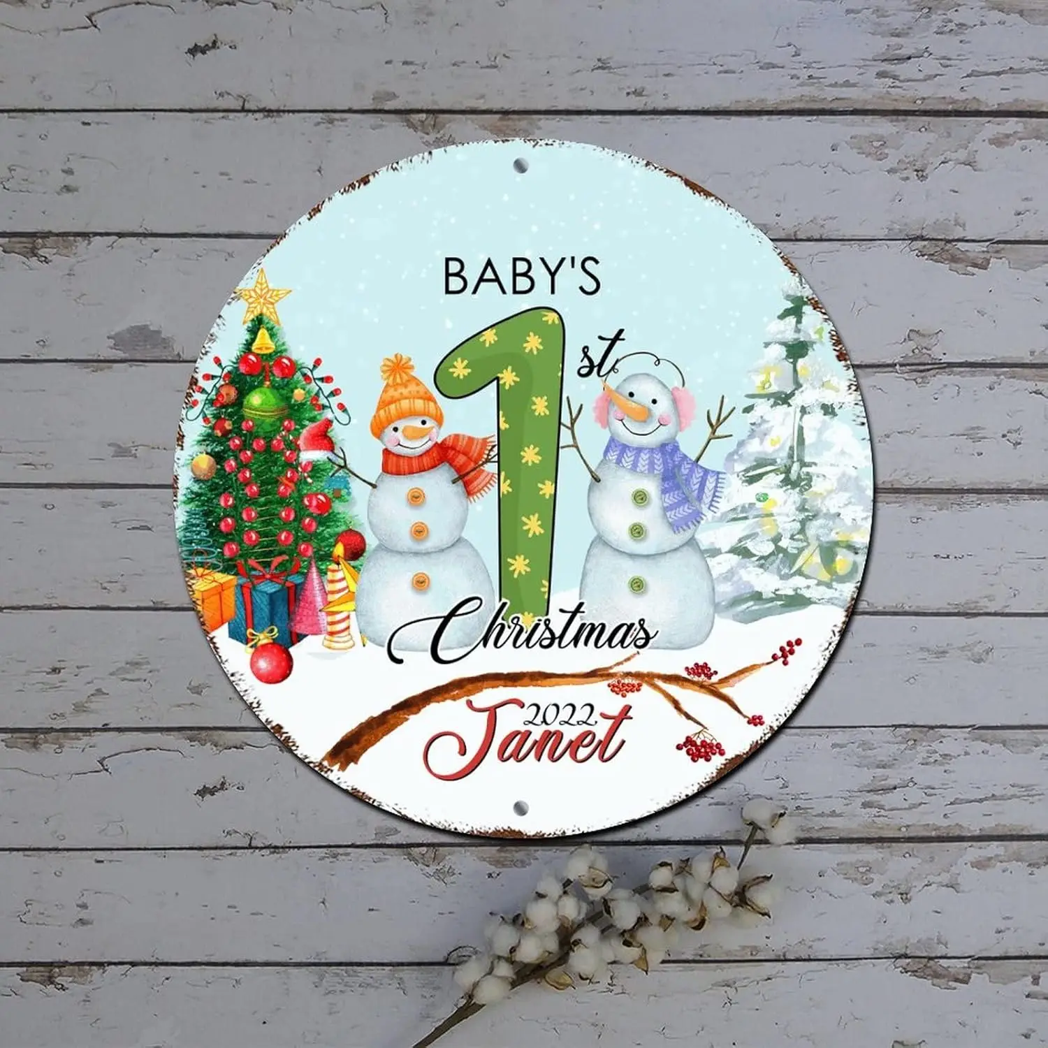 Merry Christmas Door Sign Baby's First Christmas Custom Round Metal Tin Sign Christmas Wall Decorations Indoor Rustic Metal