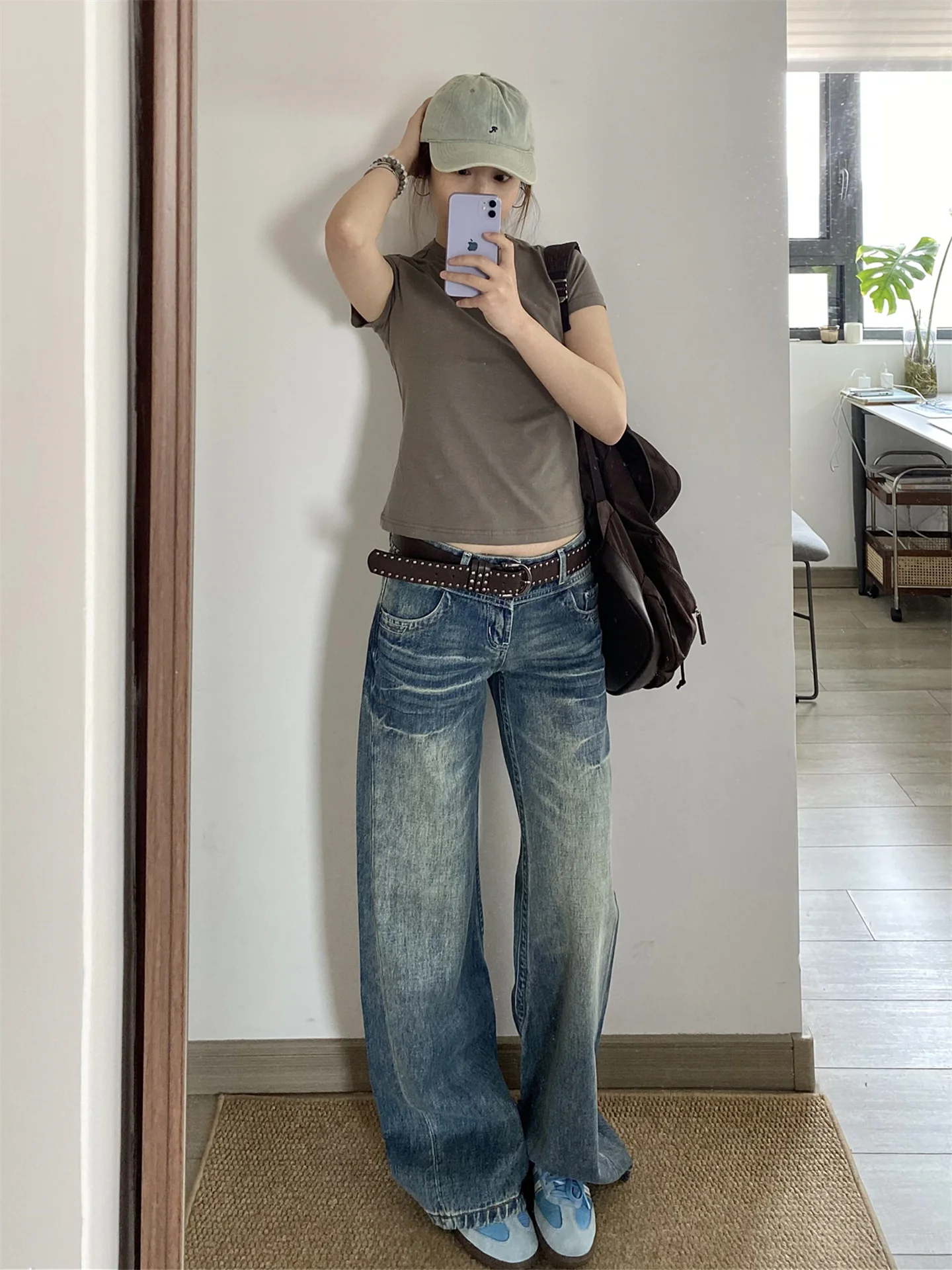 

Ретро-синие джинсы с низкой посадкой и широкими штанинами для женщин, весна-лето, свободные, струящиеся, удлиненные, винтажные, с эффектом потертости, длинные в пол