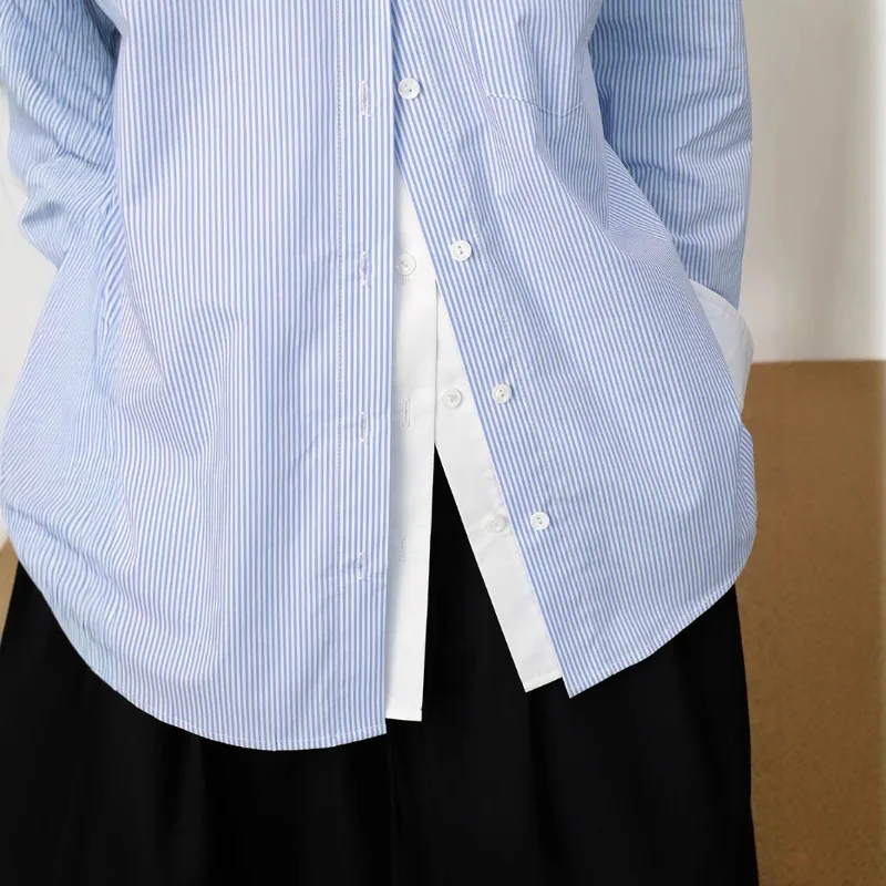 春夏コットンルーズフェイクツーピース青と白のストライプのコントラストシャツ絶妙なデザイン長袖トップ