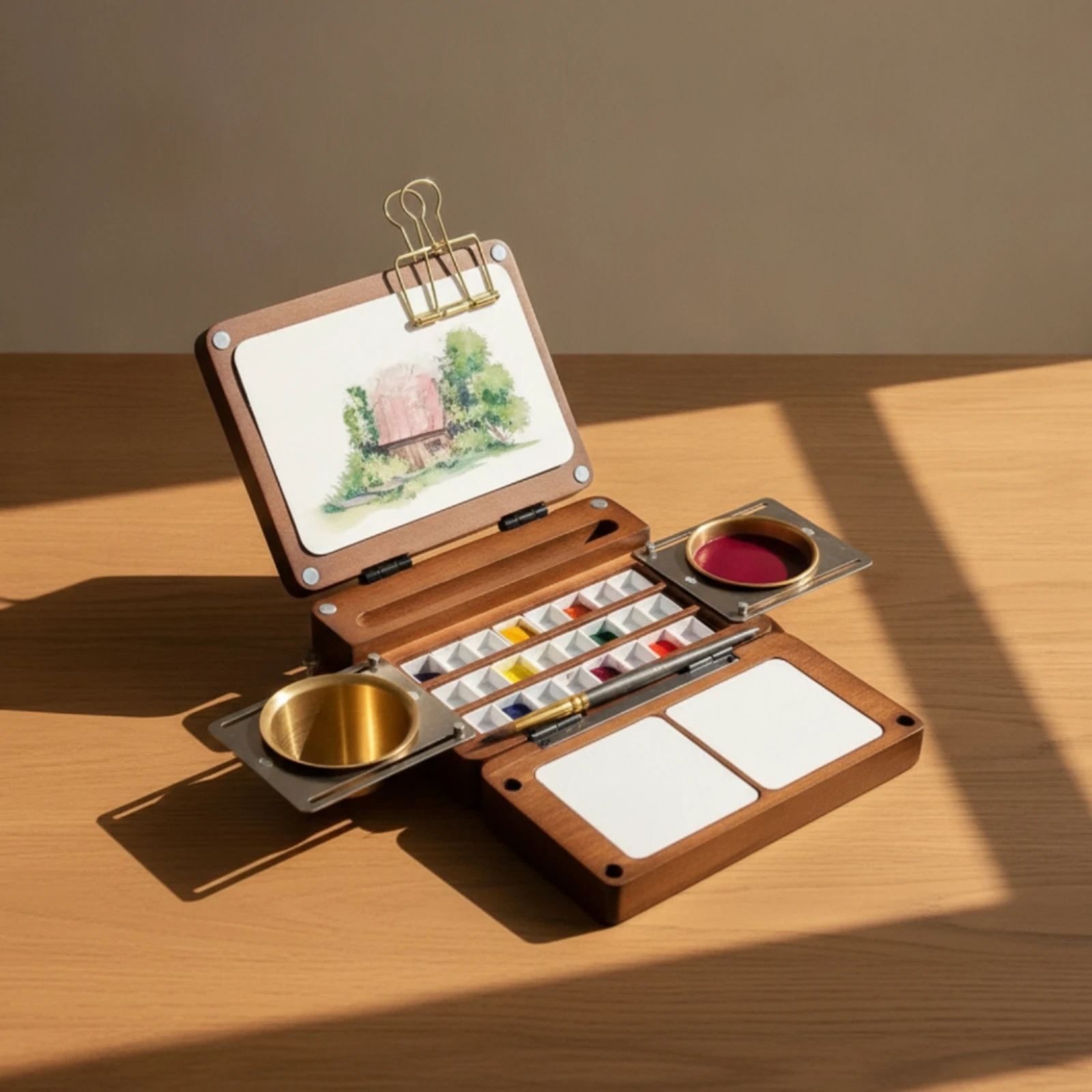 Sketching Box with Metal Cups Fold-out Portable Paint Box with Mixing Plates Paint Tray Compact for Artists, Outdoor Painting