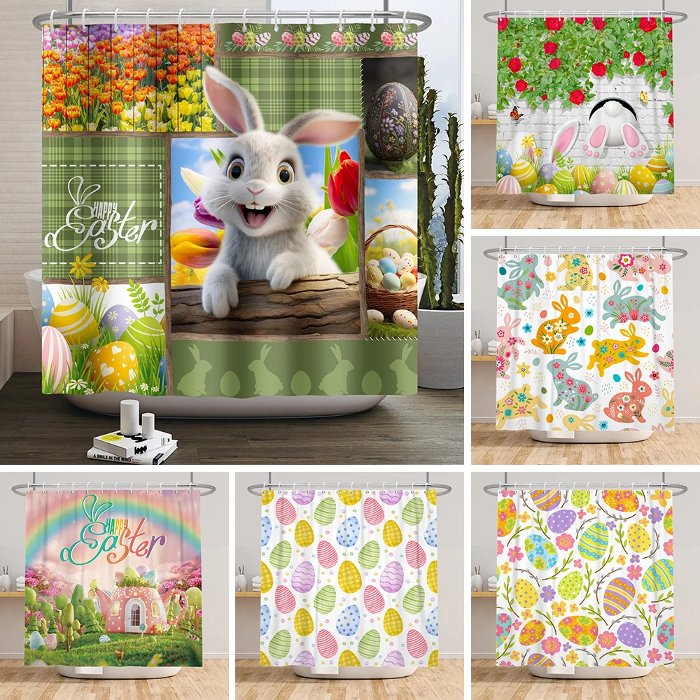 Spring Cute Bunny Shower Curtain Happy Easter Home Bathroom Waterproof Partition Eggs Garden Tree Shower Curtain with Hooks