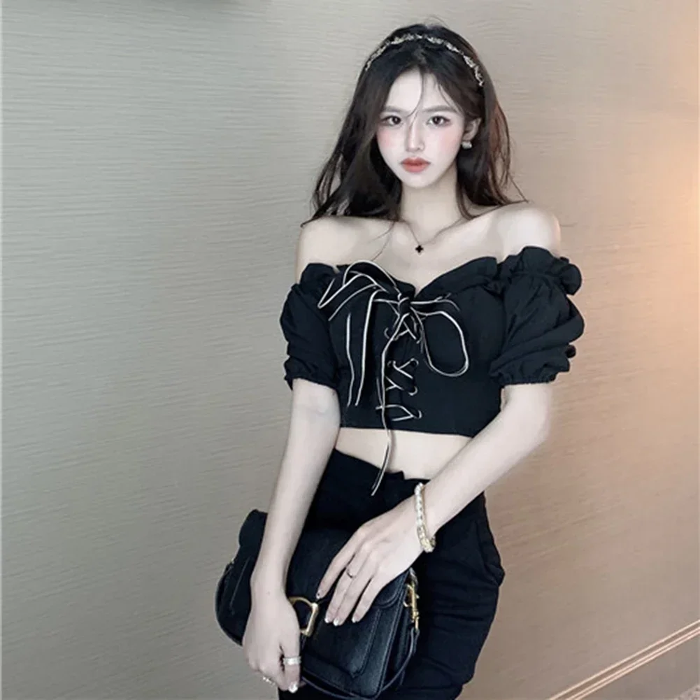 Robe de soirée tenues de vacances 1 taille chemise en dentelle noire chemisier Sexy décontracté pour les femmes Style coréen haut nœud papillon détail