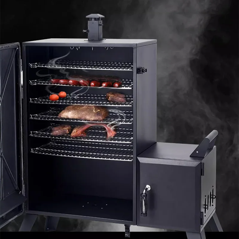 1890BDC Wide‑Body Vertical Offset Charcoal Smoker Black Stainless Steel BBQ Grill for Firewood & Charcoal