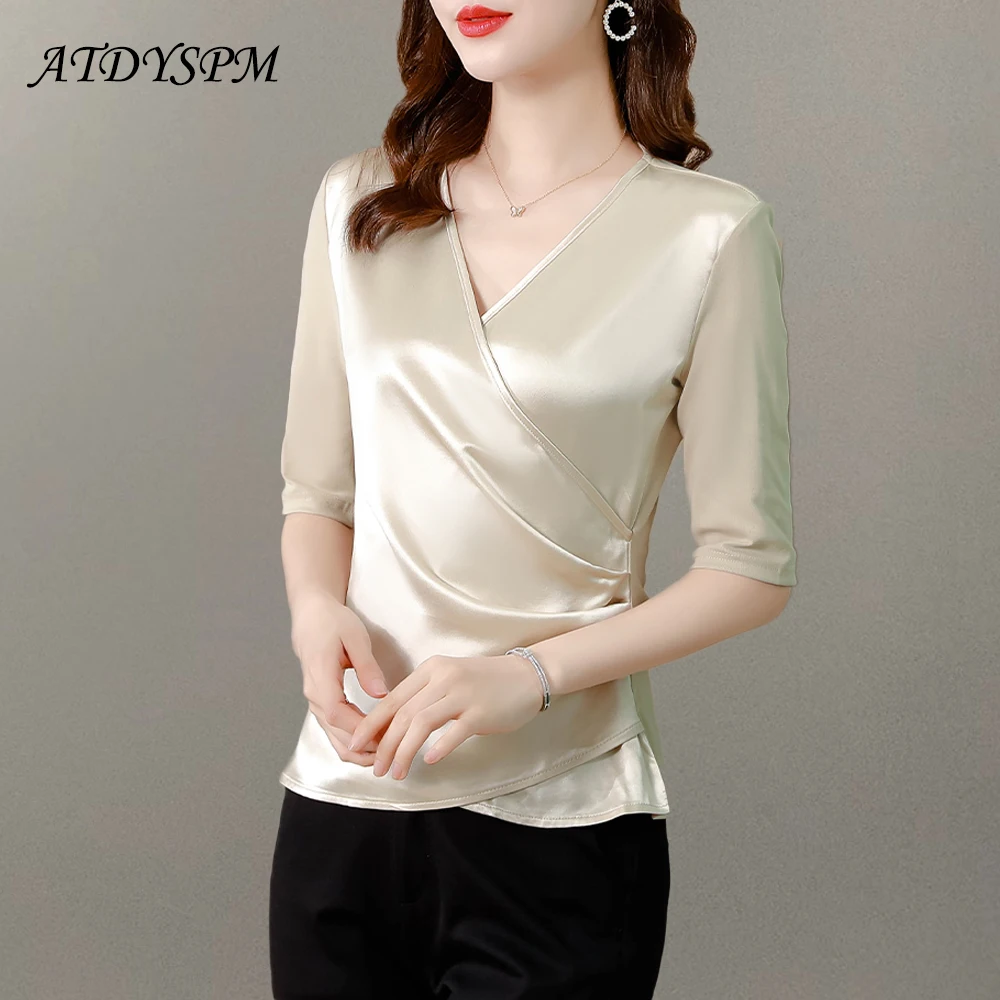 Summer Satin Shirts Women Simple V-Neck Fashion Woman Blouses 2024 Elegant Ladies Casual Short Sleeve Tops Blusas