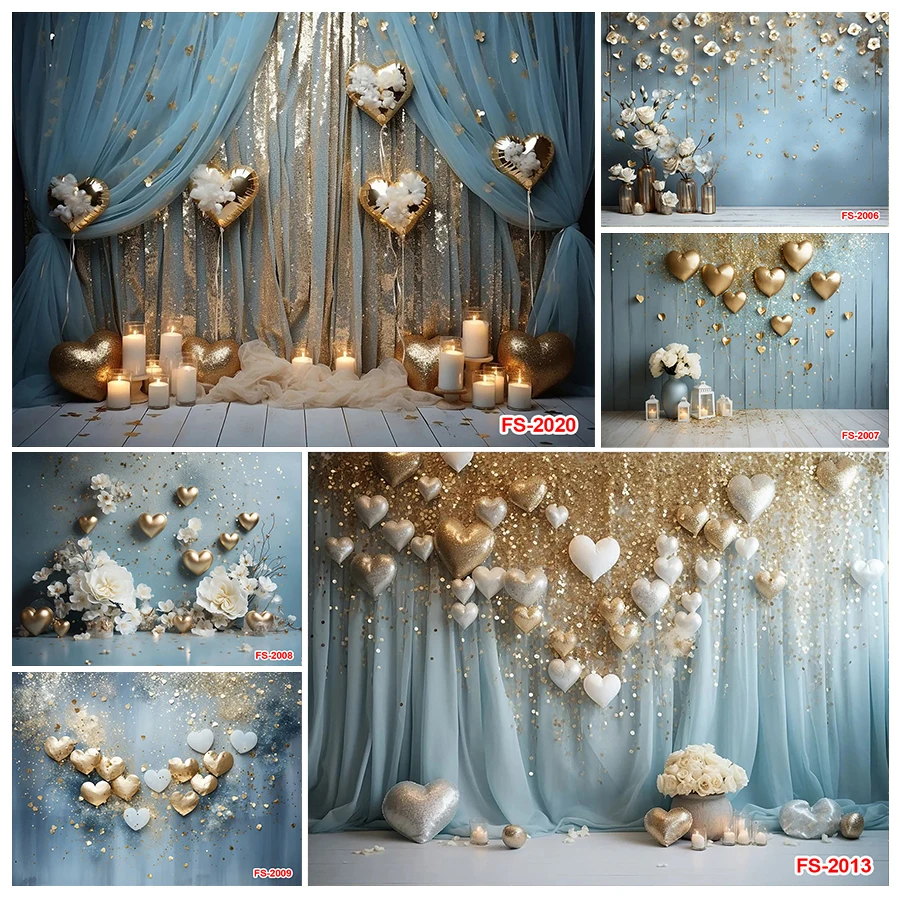 Photography Background Valentine's Day Blue Gold Heart Kids Adult Birthday Party Portrait Decor Backdrop Photo Studio