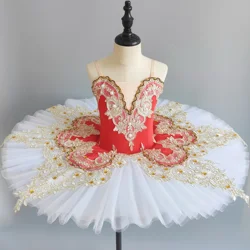 Ballet Skirt Children Red Crystal Lace Professional Ballet Tutu Classical Pancake Tutu Ballerina Costumes For Girls Party Dress