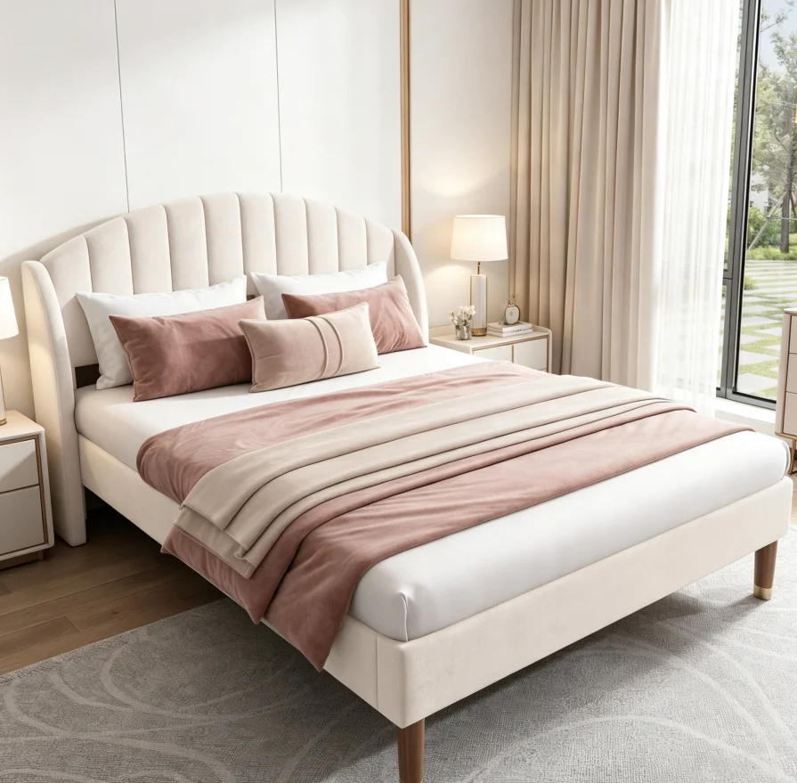 Letto imbottito in velluto Rosahqnda, dimensioni 140×190 cm, stile francese, con testiera trapuntata a canali, struttura a piattaforma con rete a doghe, colore beige, ideale per adulti, coppie o