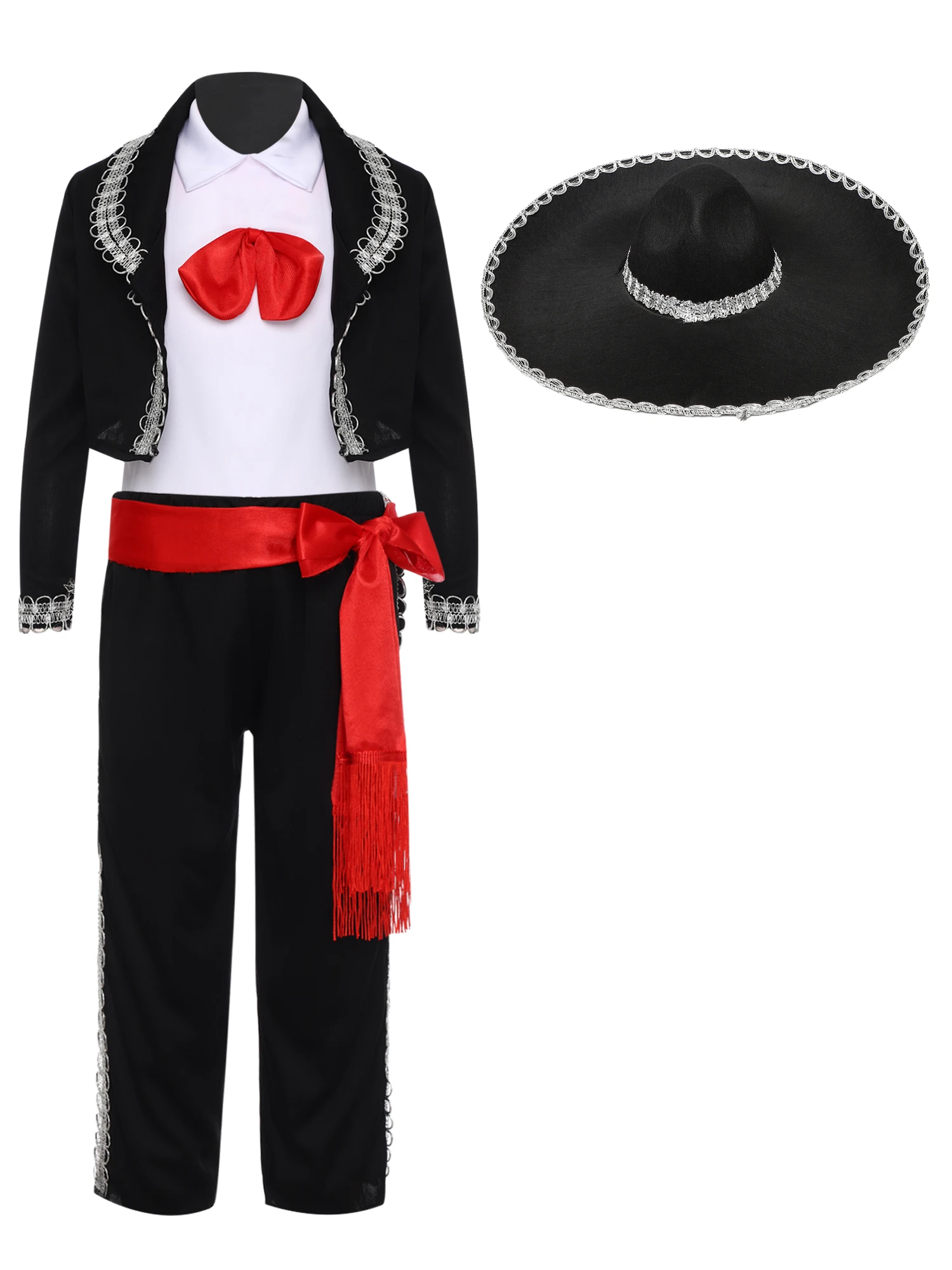 Kids America Traditional Mariachi Costume Halloween Mexican Cosplay Dress Up Vintage Vest Pants Jacket Waistband And Hat Set